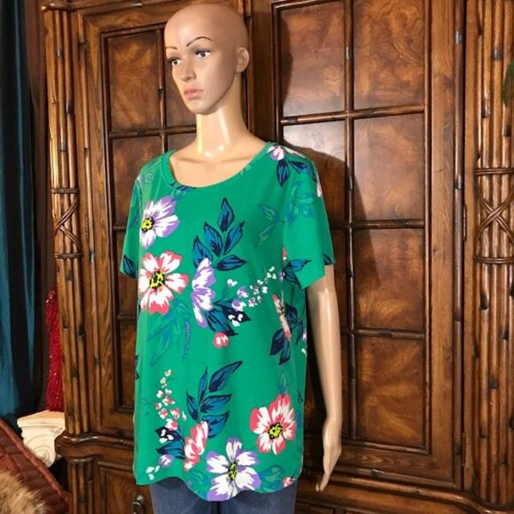 Iman Green Tropical Floral Print Jersey Top - Picture 4 of 16